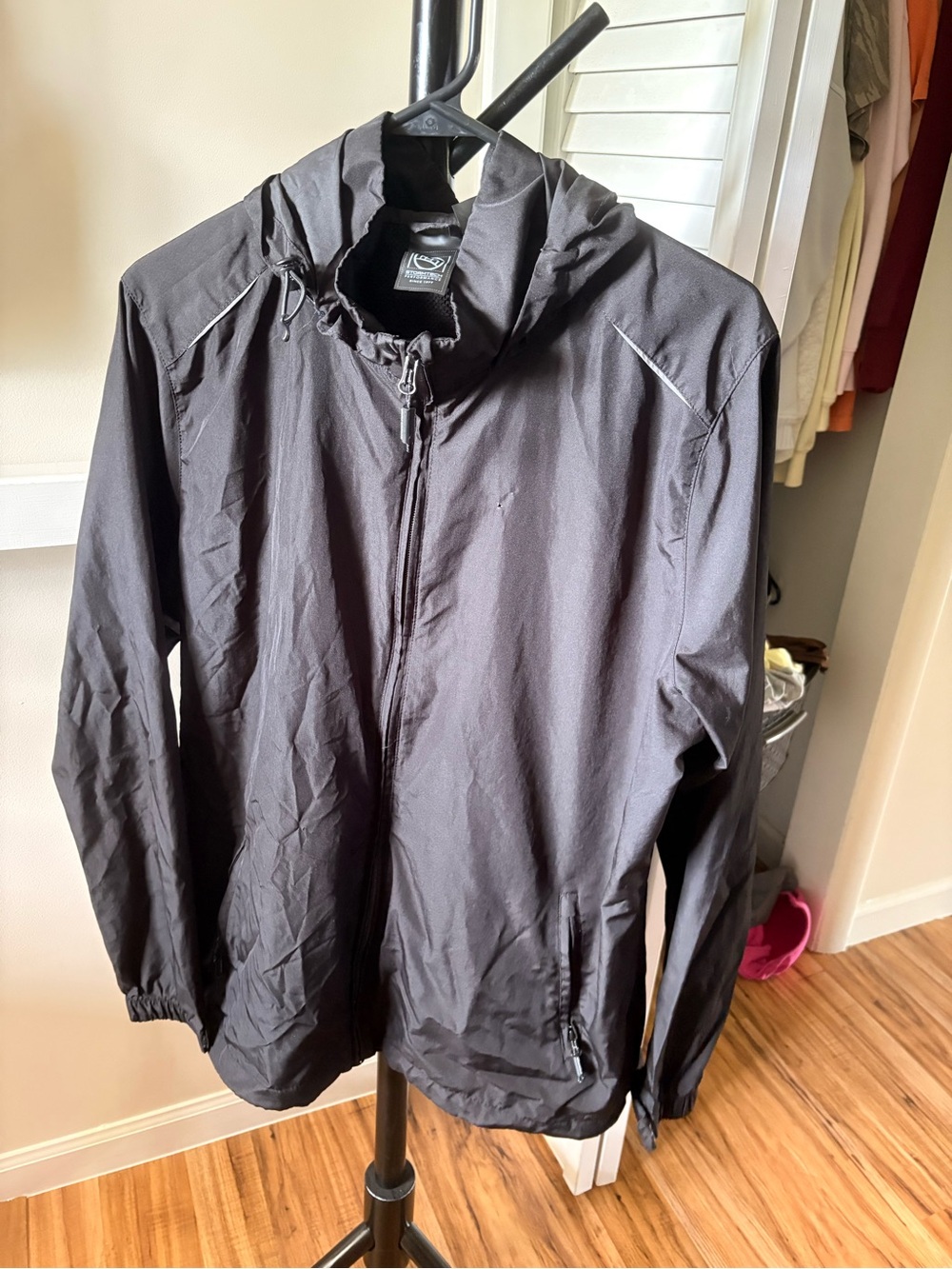Men's Black Hooded Rain Jacket with Reflective Trim